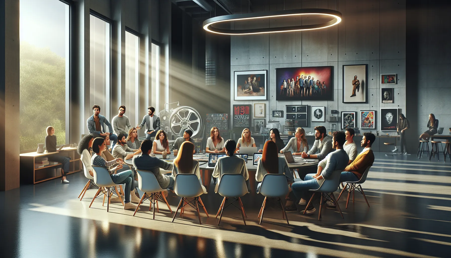 diverse group of movie enthusiasts collaborating in a modern workspace.