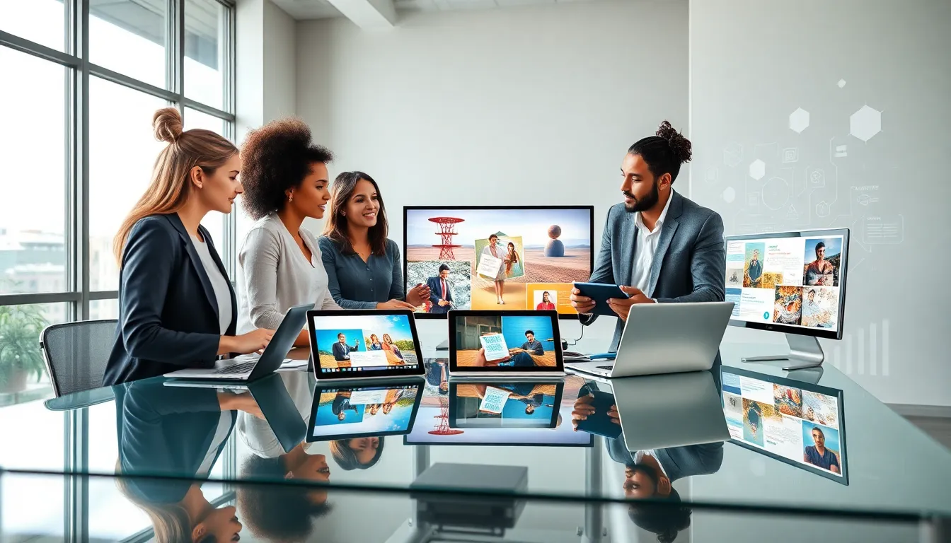 diverse professionals collaborating in a bright office on visual storytelling.